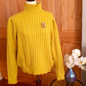 Ann Taylor Cable Knit Acrylic Wool Mock Neck Sweater Neon Yellow - Size L